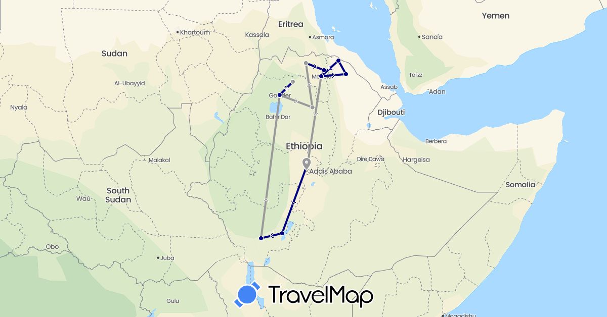 TravelMap itinerary: driving, plane in Ethiopia (Africa)